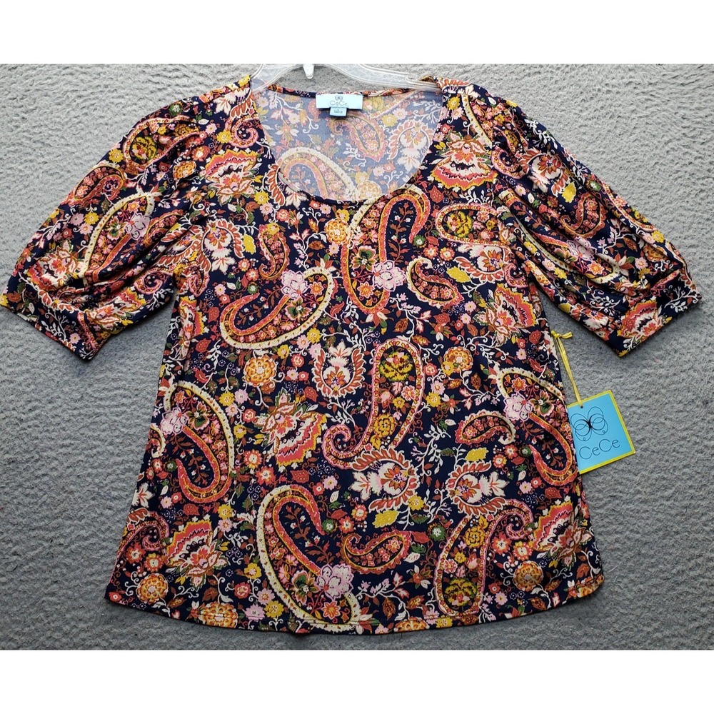 CeCe Blouse Top Womens L Multi Paisley Stretch Short Sleeve Scoop Neck Pullover